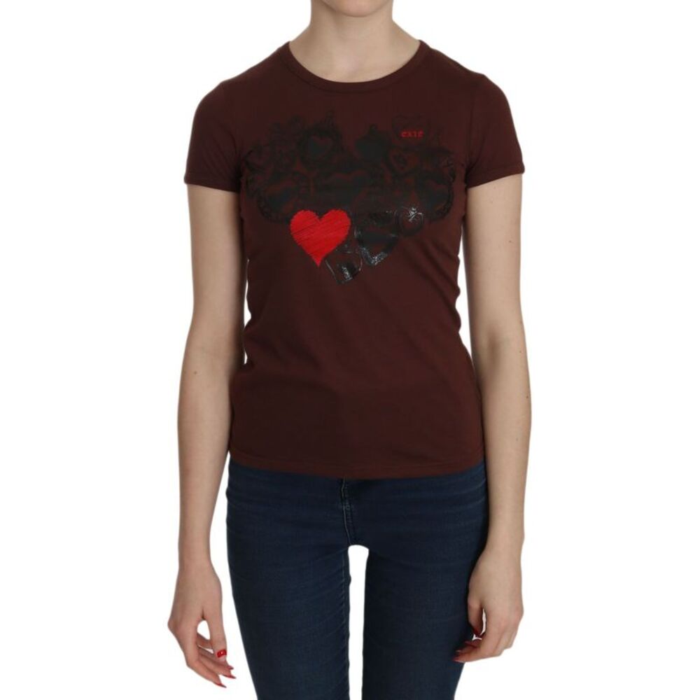 Exte Brown Heart Print Crew Neck T-shirt Short Sleeve Women's Blouse